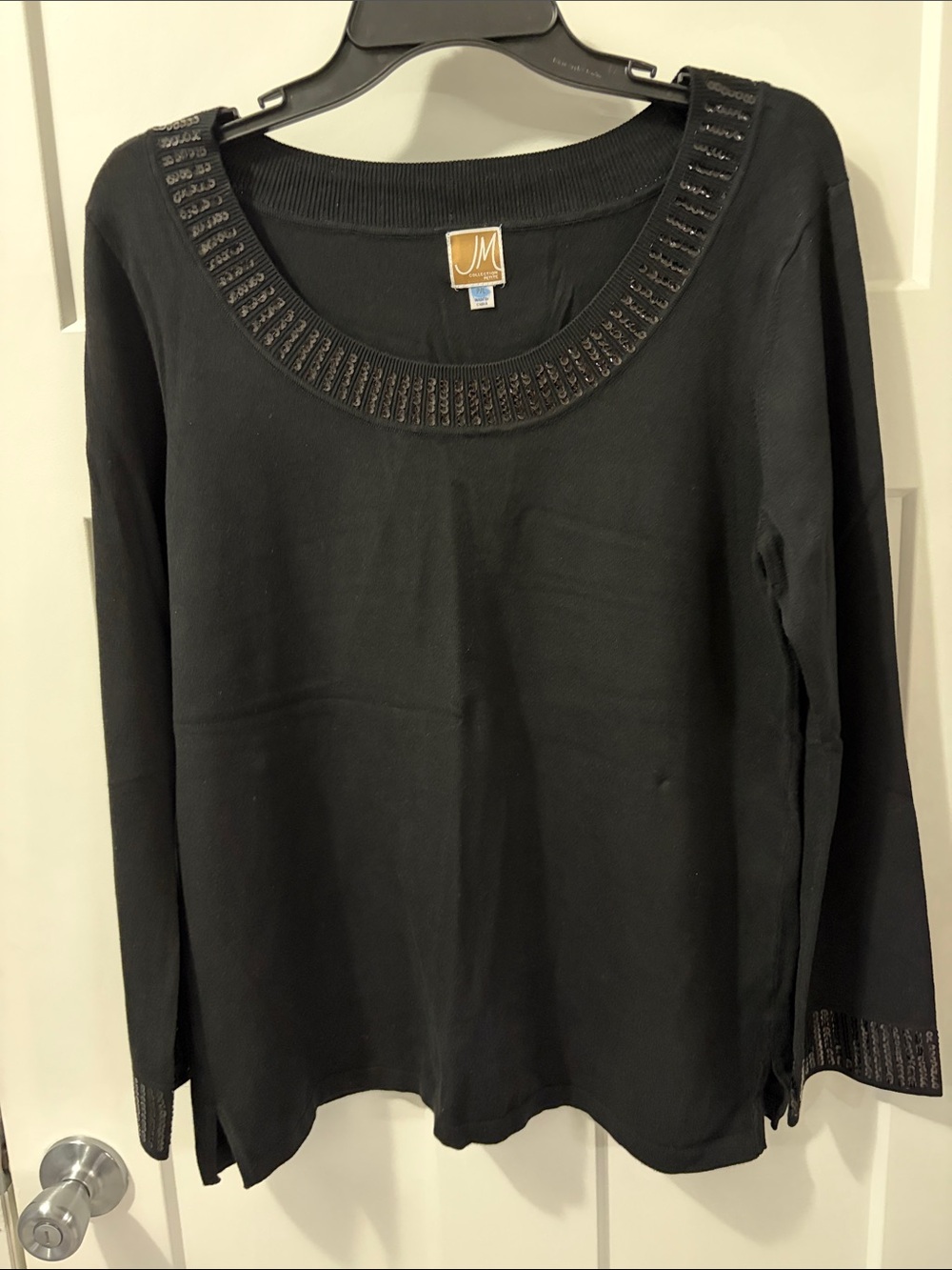 JM Collection Black Long Sleeve Scoop Neck Top with Beaded Trim